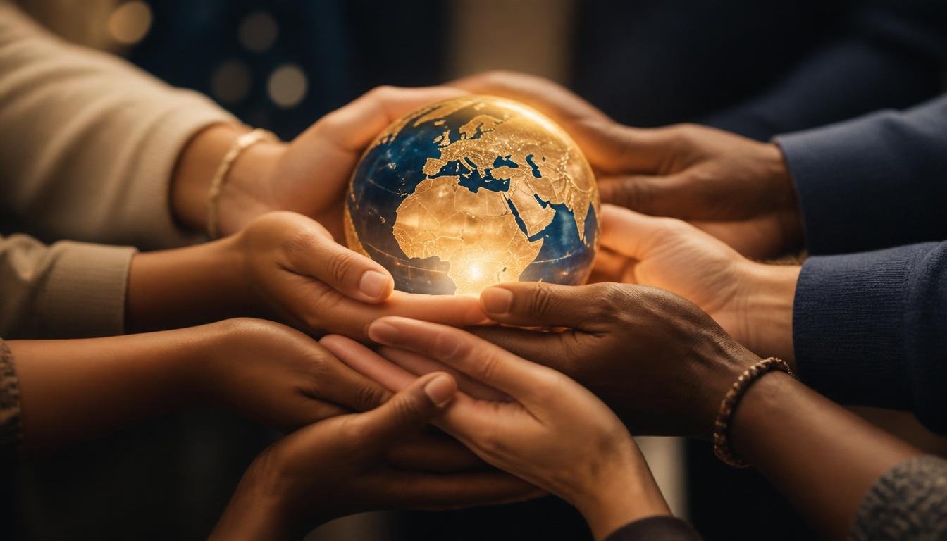 Diverse hands holding a glowing globe together